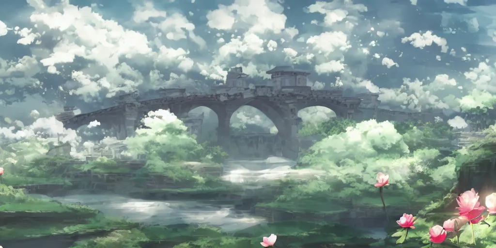 Image similar to background art of flying longswords flowing and floating through the slicing through directional wind on a simple cloudy sky background featuring a canyon bridge, big puffy clouds, large individual rose petals, lotus petals, angular background elements, large polygonal fragments, anime, studio ghibli, artgerm, manga, trending on artstation, art nouveau, mature color scheme