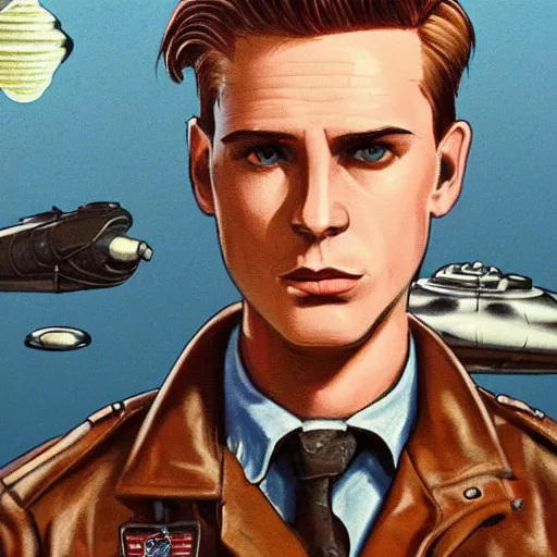 Image similar to character concept art of heroic square - jawed emotionless serious blonde handsome butch princely woman aviator, with very short butch slicked - back hair, wearing brown leather jacket, standing in front of small spacecraft, alien 1 9 7 9, illustration, science fiction, retrofuture, highly detailed, colorful, realistic, graphic, ron cobb, mike mignogna