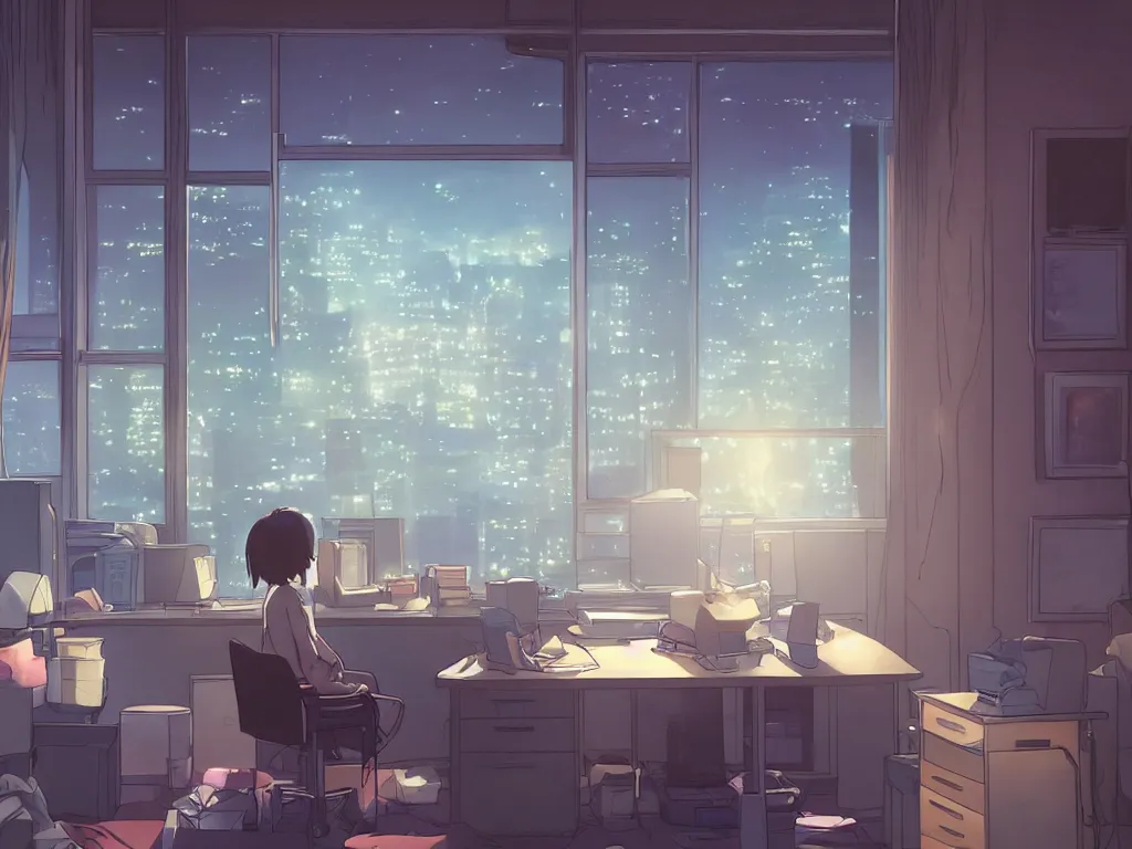 Prompt: beautiful illustration of one female in her small studio apartment sitting at her computer desk which is in front of a window which looks out to a futuristic city at night, japan, anime manga style, aesthetic, scene from the movie'your name'makoto shinkai