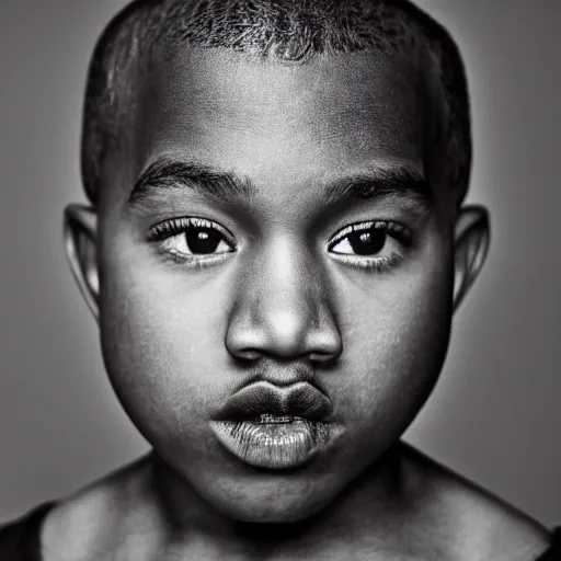 Image similar to the face of young kanye west wearing yeezy clothing at 8 years old, black and white portrait by julia cameron, chiaroscuro lighting, shallow depth of field, 8 0 mm, f 1. 8