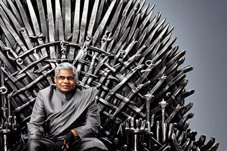 Prompt: Ranil Wickramasinghe sitting on the iron throne, closeup photograph, dark color scheme