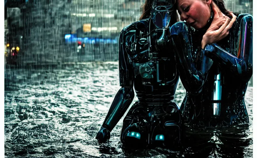 Image similar to cinestill 5 0 d candid photographic portrait by steve mccurry of two loving female androids sobbing wearing rugged black mesh techwear in treacherous waters, flooded city, medium closeup, retrofuturism cyberpunk moody emotional cinematic, pouring iridescent rain bright spotlight helicopter, 8 k, hd, high resolution, 3 5 mm, f / 3 2, ultra realistic faces, ex machina