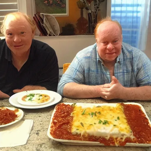 Image similar to fat orange tabby cat next to curly haired man and lasagna on table, jim davis