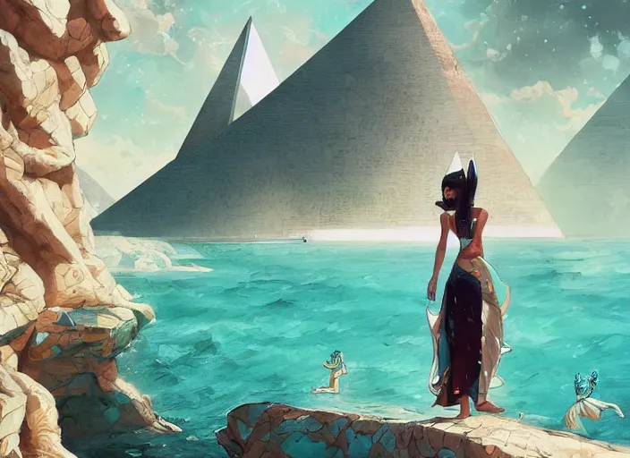 Image similar to lee jin - eun in luxurious dress emerging from turquoise water in egyptian pyramid city during an eclipse by peter mohrbacher, android james, conrad roset, m. k. kaluta, martine johanna, rule of thirds, elegant look, beautiful, chic