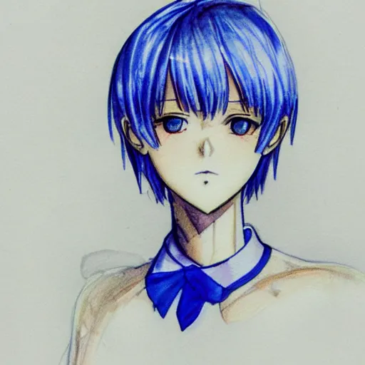 Image similar to pencil and watercolor sketch of rei ayanami