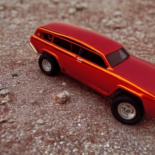 Image similar to 3 5 mm photo of metallic red aztek car like hot wheels model in area 5 1 as background