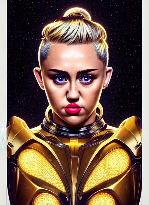 Prompt: symmetry!! portrait of miley cyrus, gold sci - fi armour, tech wear, glowing lights!! sci - fi, intricate, elegant, highly detailed, digital painting, artstation, concept art, smooth, sharp focus, illustration, art by artgerm and greg rutkowski and alphonse mucha