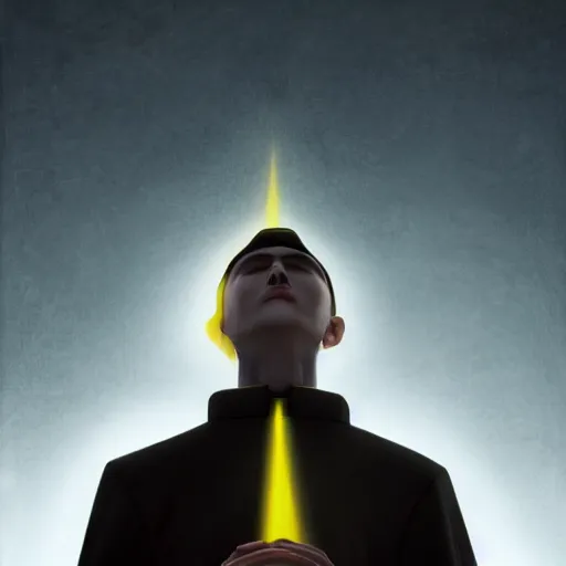Image similar to Close up of a young, thin and stern catholic priest fervently praying as he is about to die from the ominous Lovecraftian yellow shadow descending upon him from the night sky. The yellow shadow feels very oppressive and terrifying. Low angle, dramatic lighting. Award-winning digital art, trending on ArtStation