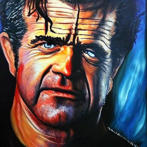 Image similar to Mel Gibson emerging from the depths of hell, dramatic painting, trending on arstation