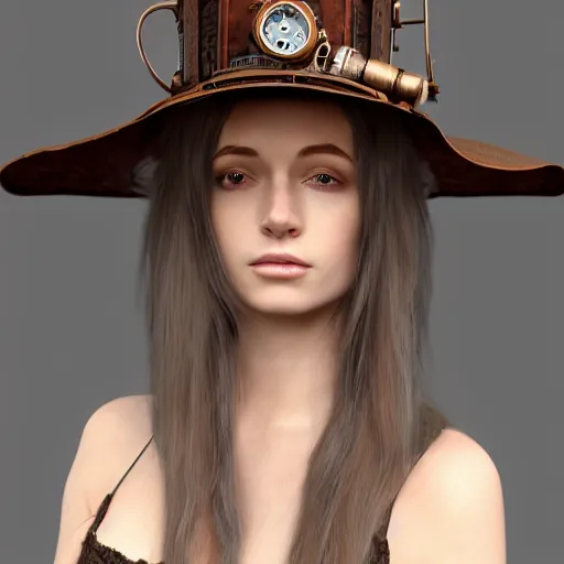 Prompt: a beautiful steampunk woman, long hair, aged 2 5, slovenian, wearing a travel hat, photo realistic, real life, octane render, trending on artstation