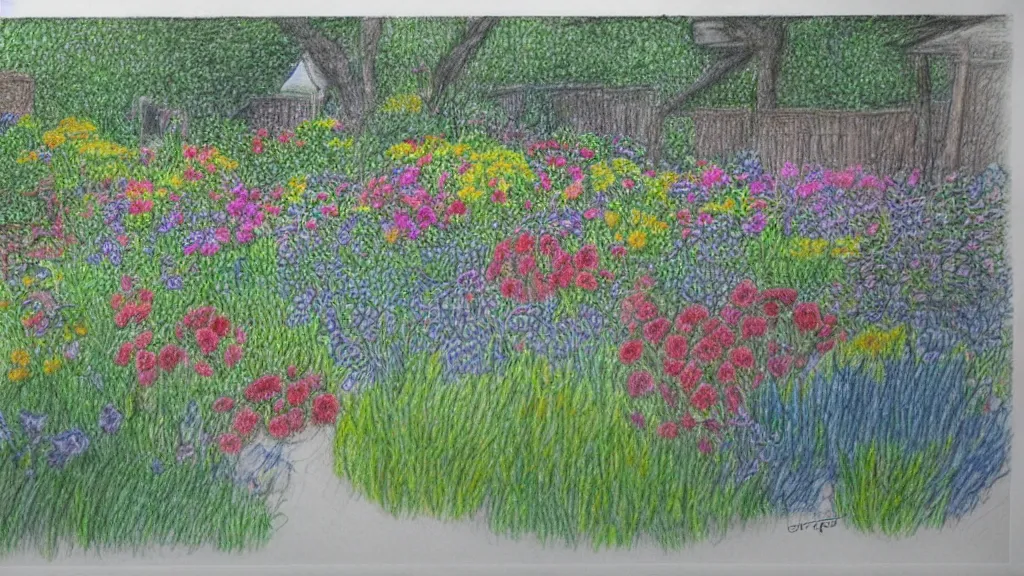 Prompt: a Coloured pencil drawing of a beautiful garden