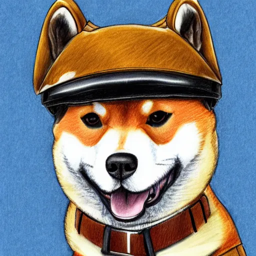 Image similar to A drawing of a Shiba Inu dog wearing a soldier's helmet, realistic, color