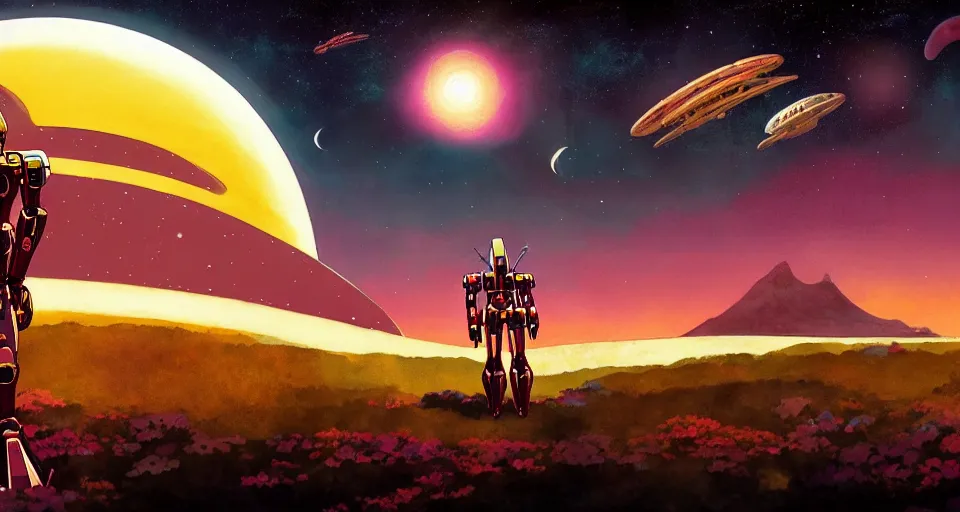 Image similar to a beautiful cinematic view of a walking humanoid mecha on a tropical island paradise, underneath a star filled night sky, warm coloured, gigantic pillars and flowers, maschinen krieger, moebius, star trek, gundam, film, atmospheric perspective