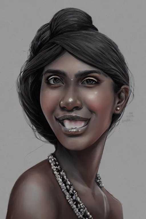 Image similar to A bust of a beautiful black skinned Sri Lankan girl with smiling lips and smooth eyebrows and straight hair, HD, illustration, epic, fantasy, intricate, elegant, amazing detail, digital painting, artstation, concept art, smooth, sharp focus, illustration, art by Turine Tran