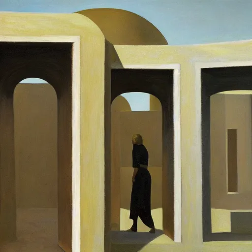 Image similar to first person view of a stark concrete maze, people peering into portholes, grant wood, pj crook, edward hopper, oil on canvas