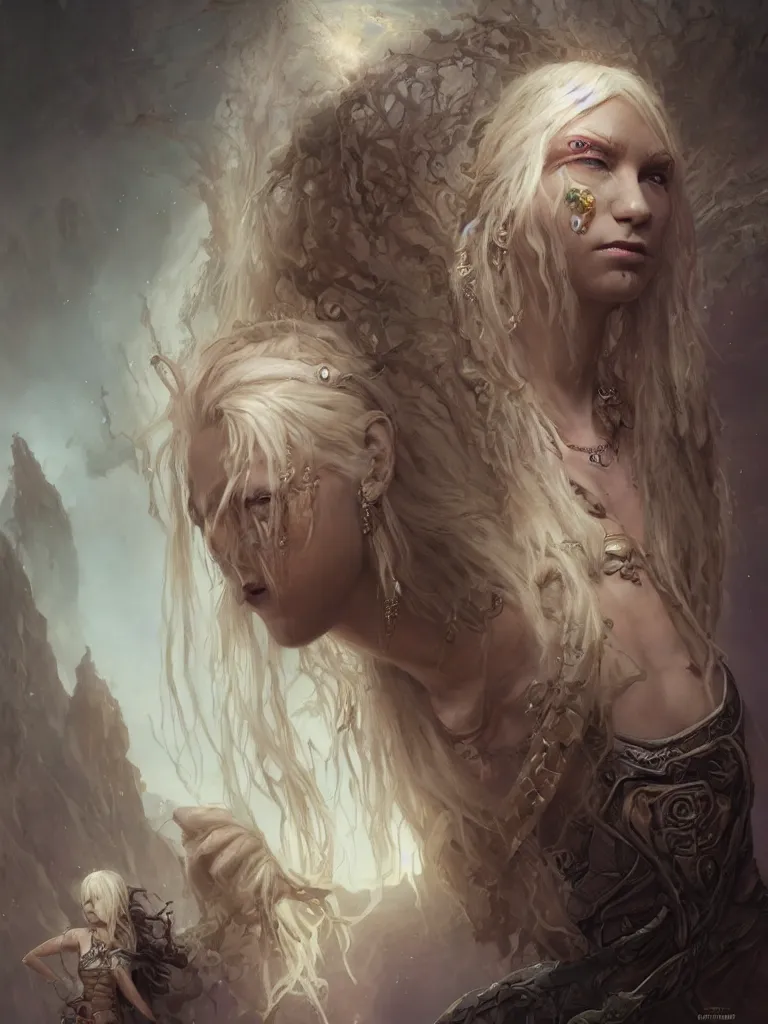 Image similar to fantasy changeling girl with blonde dreadlocks revealing her true nature, staring eyes, dim light, front game card, marvel comics, dark, intricate jewellery, highly detailed, smooth, smirking, artstation, digital illustration by ruan jia and mandy jurgens and artgerm and wayne barlowe and greg rutkowski and zdislav beksinski