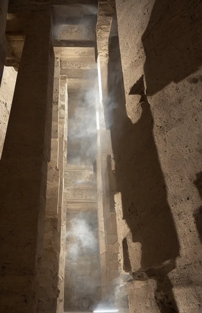 Image similar to punisher symbol is giant entrance into ancient egyptian temple with luminous smoke and light rays.