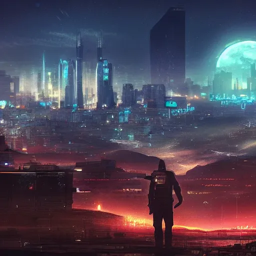 Image similar to The armed sole survivor stands on the hill watching a Apocalyptic city on a clear stars night, cyberpunk digital art