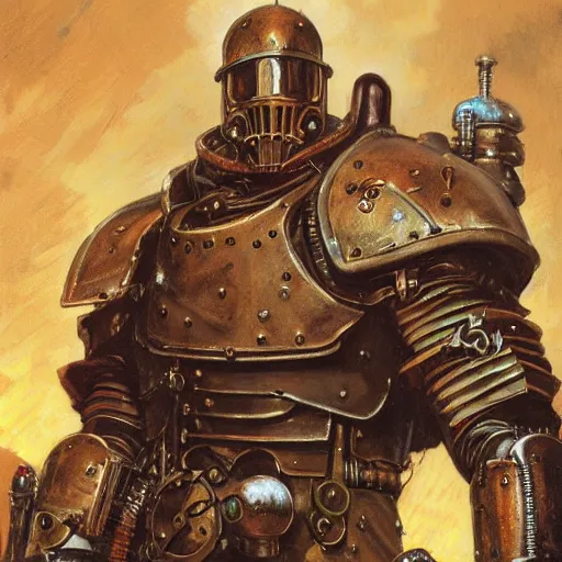 Image similar to the doomslayer as a steampunk knight, realistic closeup portrait art by norman rockwell and donato giancola and greg rutkowski, asymmetricla!!