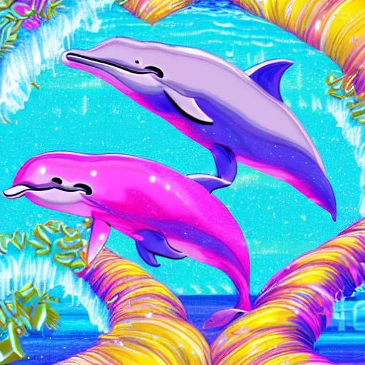 Image similar to dolphins jumping over a pile of crystal rocks in a lisa frank style, digital art