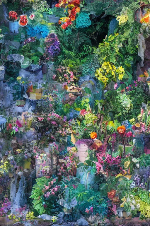 Image similar to super detailed color art, a lot of small garden flowers, A multiverse of fruits, unreal engine, wes anderson color palette, 3d render, colorful, digital art