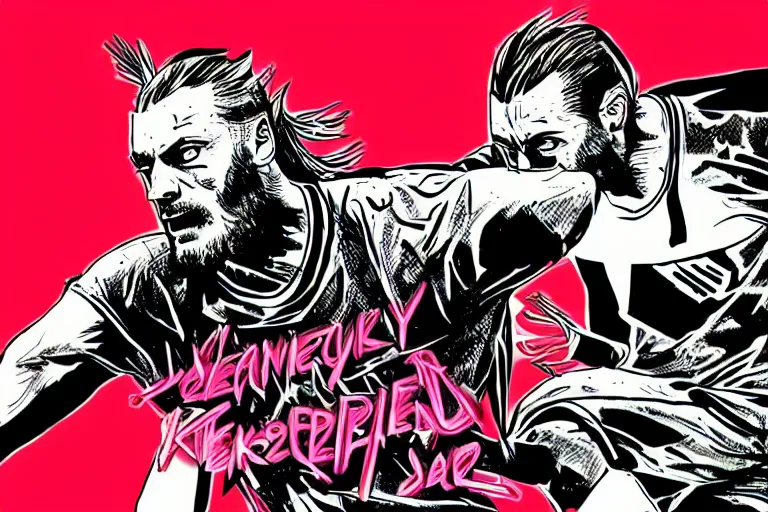 Prompt: jamie vardy scoring a goal, a page from cyberpunk 2 0 2 0, style of paolo parente, style of mike jackson, adam smasher, johnny silverhand, 1 9 9 0 s comic book style, white background, ink drawing, black and white