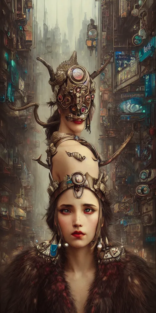 Image similar to hyper realistic Princess Mononoke, ornate mask, wet market street, cyberpunk metropolis, city landscape, jewels, style of tom bagshaw, mucha, james gurney, norman rockwell, denoised, sharp