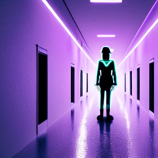Image similar to long dark corridor with neon purple lights illuminating a woman in a plain, white mask, and wielding a crowbar, standing at the end of the corridor. high quality, ultra detail, realistic, reflective, raytraced reflections, dark corridor, neon purple lights