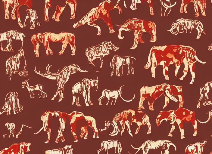 Prompt: painted pattern which figures of ancient hunters mammoths and ancient vw buses, rock cave painting, red ocher, finger painting