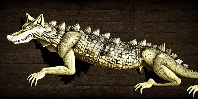 Image similar to chimera made of a wolf and a crocodile, photo of wolf, photo of crocodile, awarded on pixiv, photo realism, realistic wood swamp, professional photoshop artwork