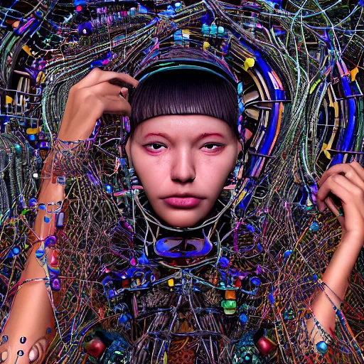 Image similar to swimming deeper into the multiverse, piles of modular synth cables mixed with mangrove roots, kawaii puerto rican goddess chilling out wearing a headpiece made of circuit boards, by cameron gray, wlop, stanley kubrick, masamune, hideki anno, jamie hewlett, unique perspective, trending on artstation, 3 d render, vivid