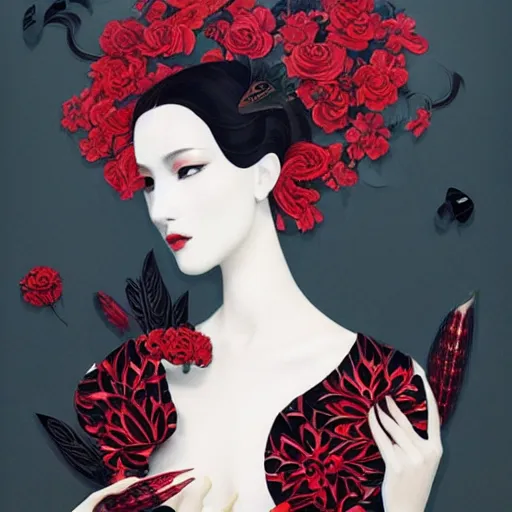 Prompt: breathtaking detailed concept art painting art deco pattern black red flowers and diamonds by hsiao - ron cheng, bizarre compositions, exquisite detail