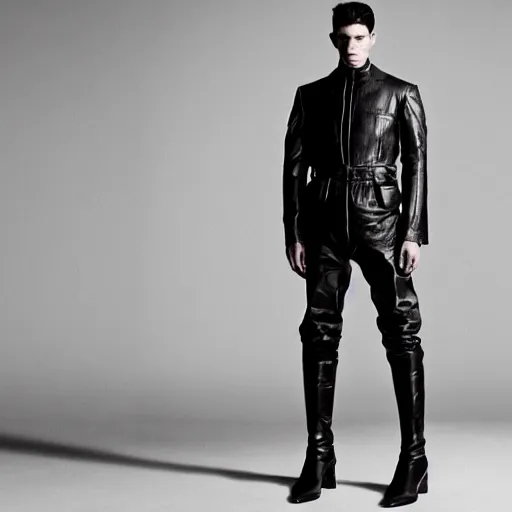 Image similar to a editorial photo of a male model wearing a alexander mcqueen medieval cropped leather menswear jacket