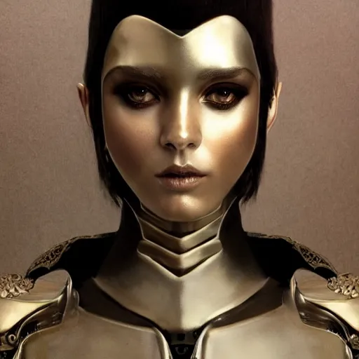 Image similar to tom bagshaw, curiosities carnival, photorealistic medium shot soft paint of a single beautiful cosplay full long futuristic metallic armor very tight metal ornate face, gynoid body, accurate features, focus, very intricate ultrafine details, award winning masterpiece