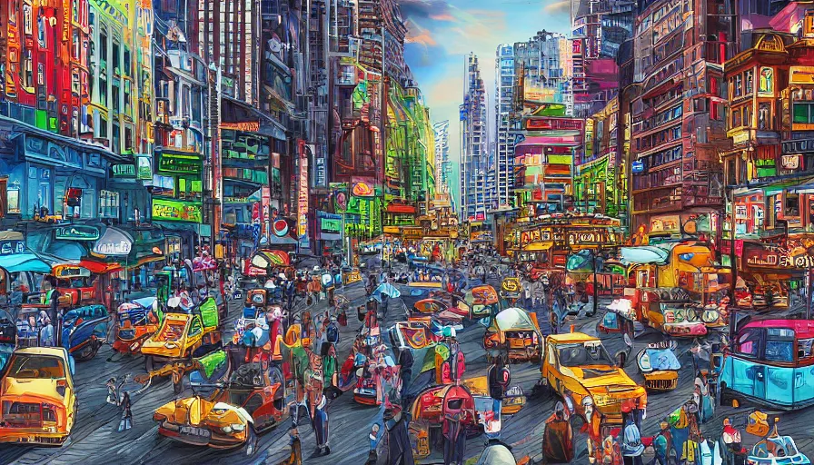 Image similar to a busy city street, digital art, highly detailed, realistic, bright colors, 8 k