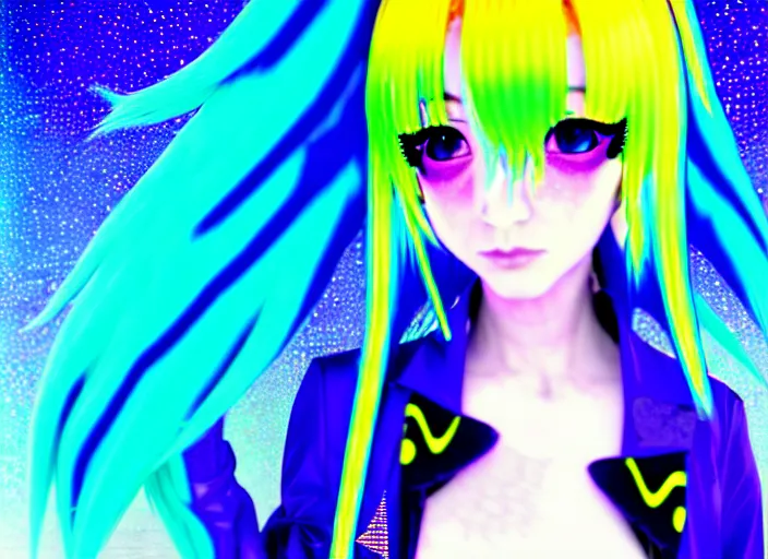 Prompt: a hologram of rimuru tempest, sky blue hair, golden yellow eyes, wearing black stylish clothing, holography, irridescent, baroque visual kei decora art pixiv 3 d render