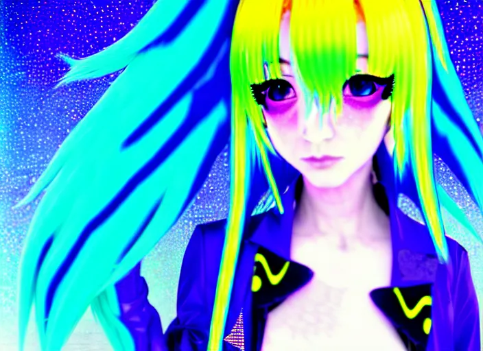 Image similar to a hologram of rimuru tempest, sky blue hair, golden yellow eyes, wearing black stylish clothing, holography, irridescent, baroque visual kei decora art pixiv 3 d render