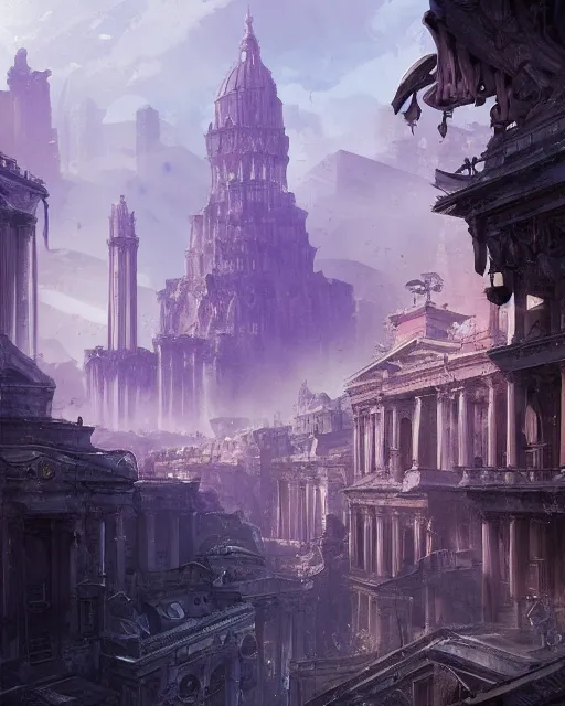 Image similar to the eternal city, city of secrets, purple alien buildings, environment art, fantasy art, landscape art, in the style of greg rutkowski, illustration, epic, fantasy, intricate, hyper detailed, artstation, concept art, smooth, sharp focus, ray tracing