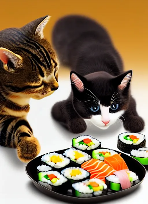 Image similar to clear photorealistic picture of adorable cats eating sushi