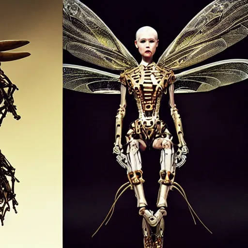 Prompt: still frame from Prometheus movie by Makoto Aida, biomechanical dragonfly angel gynoid, metal couture by neri oxmn and Guo pei, editorial by Malczewski and by Caravaggio