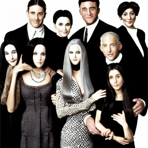 Image similar to the adams family, with the cast of friends, black and white