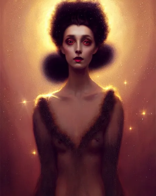 Image similar to Nocturne, glowing, stars, a portrait of a beautiful female shadow djinn creature with long fur collar, highly detailed, mysterious, ethereal, dressed in velvet and gold jewelry, haute couture, illustration, dramatic lighting, soft details, painting, by Edmund Blair Leighton, Brom, Charlie Bowater, trending on artstation, faces by Tom Bagshaw, otto schmidt