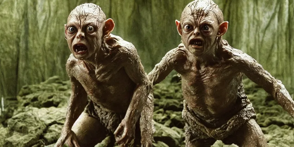 Prompt: Daniel Redcliffe as Golum, IMAX still shot from Lord of the rings