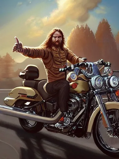 Image similar to handsome man with long hair riding a harley davidson. intricate, elegant, highly detailed, digital painting, artstation, concept art, sharp focus, illustration, by justin gerard and artgerm, 8 k