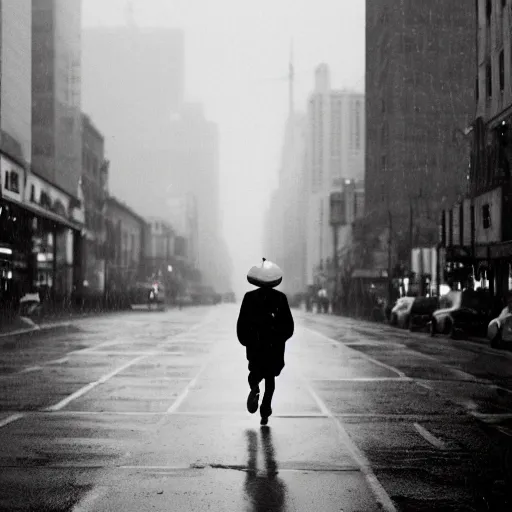 Image similar to a photograph of a man running down the street wearing a hat on a rainy day on expired kodak film, 3 5 mm, award - winning photograph, striking lighting, perfect composition