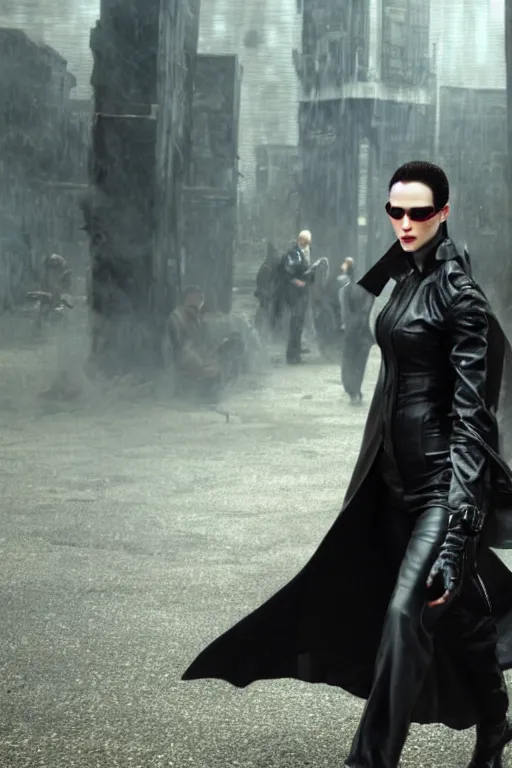 Prompt: an action photograph of the new matrix movie featuring the beautiful even rachel wood, wearing sun glasses and black leather trench coat, matrix symbols in the background, extremely detailed, extremely symmetrical facial features, unreal engine, by kevin fiege 8 k