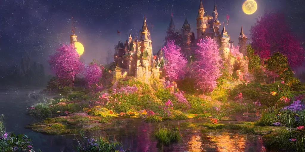 Image similar to a single glittering fairy castle at night, a full moon, water and colourful flowers, extremely detailed oil painting, unreal 5 render, fantasy digital art, octane render, beautiful composition, trending on artstation, award-winning photograph, masterpiece