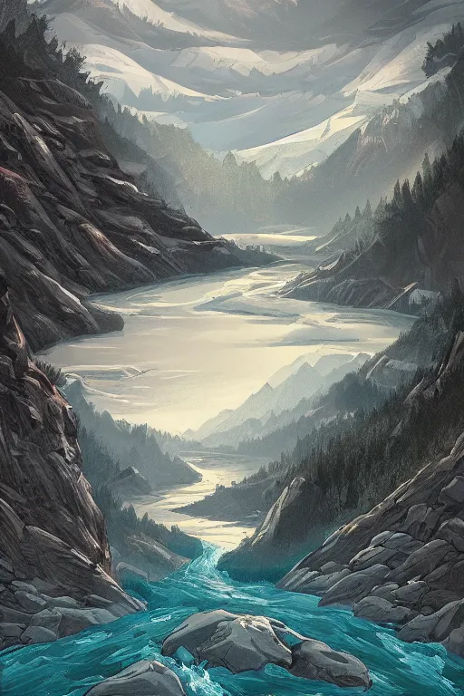 Prompt: mountaintop river flat illustration fantasy art trending on artstation