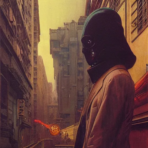 Image similar to portrait of masked cyberpunk scientist on the art deco streets of the Empire city, award-winning realistic sci-fi concept art by Beksinski, Bruegel, Greg Rutkowski, Alphonse Mucha, and Yoshitaka Amano