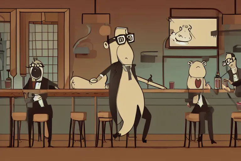 Prompt: a 2 d matte illustration of a laughing capybara with wire rimmed glasses and wearing a suit at a crowded bar